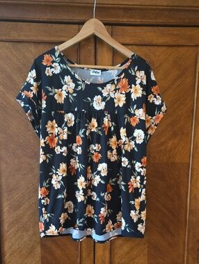 Pulse Black Short-Sleeve Floral Blouse with Orange & Cream Blooms